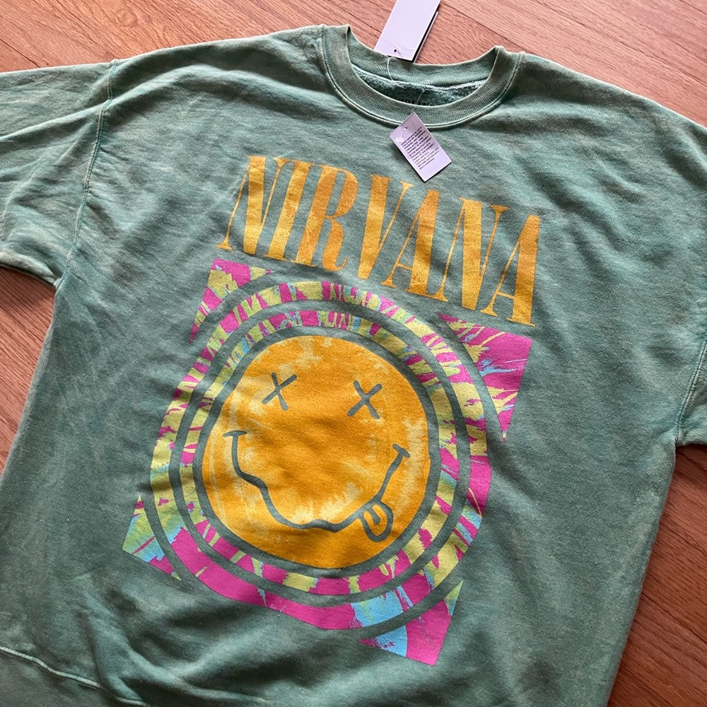 NIRVANA crewneck LARGE sweater Green Smiley tie dye acid wash NEW NWT unisex